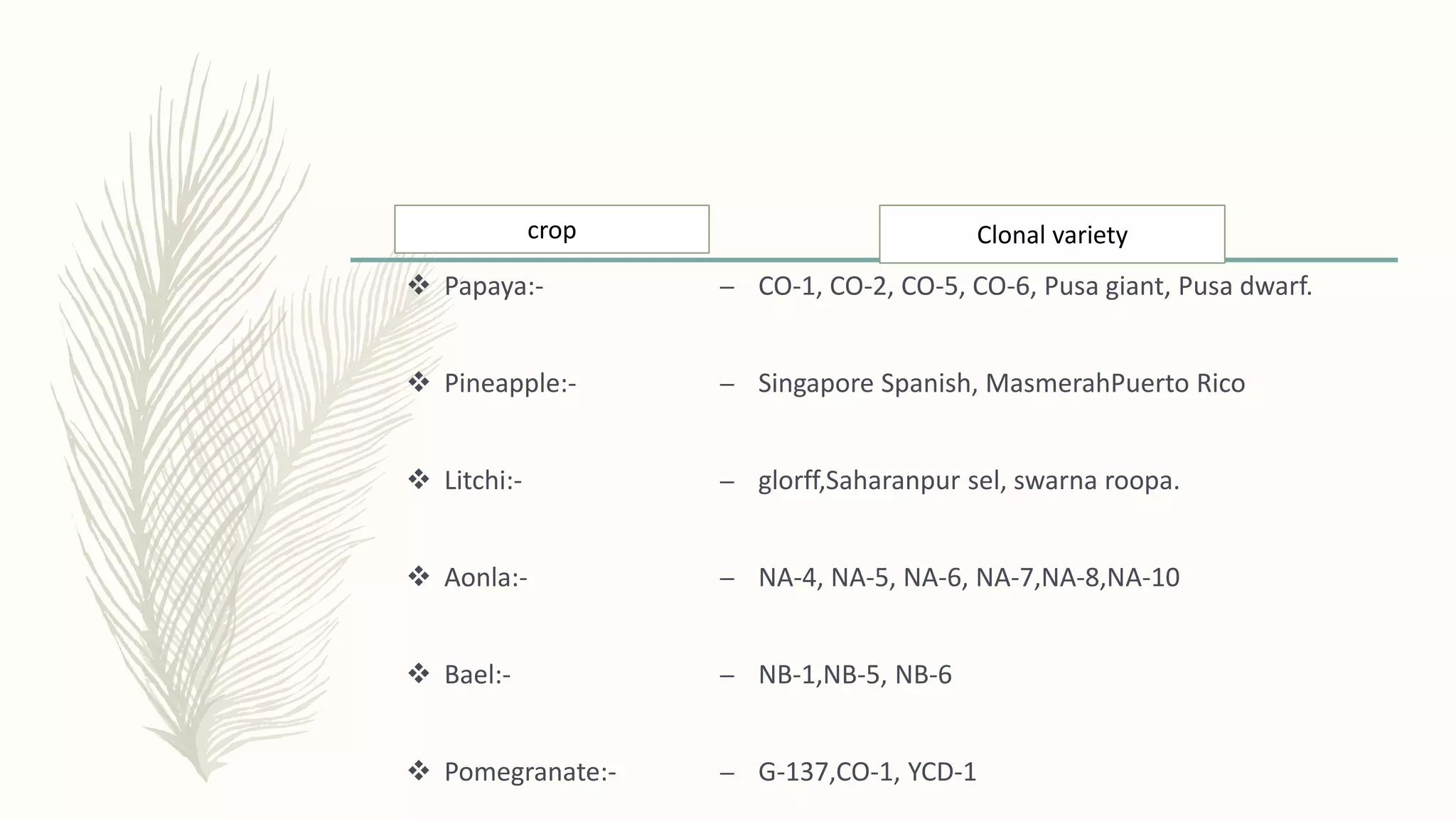  Papaya:-
 Pineapple:-
 Litchi:-
 Aonla:-
 Bael:-
 Pomegranate:-
– CO-1, CO-2, CO-5, CO-6, Pusa giant, Pusa dwarf.
– Singapore Spanish, MasmerahPuerto Rico
– glorff,Saharanpur sel, swarna roopa.
– NA-4, NA-5, NA-6, NA-7,NA-8,NA-10
– NB-1,NB-5, NB-6
– G-137,CO-1, YCD-1
crop Clonal variety
 
