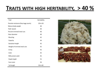 What else determines genetic progress?Selection differential Superiority of selected animalsLarge population	Few animals selectedGenetic improvement is made primarily through the sireGeneral interval Average age of parents when offspring are born.Short generation intervalReplacements females have the “best” genetics in the flock.AccuracyCorrelation between estimated and true genetic merit of animal.High heritabilityMany records  or progeny	Evaluation methodsVisual appraisal (subjective)Body conformationUdder conformationVisual evaluation of woolLive evaluation/handlingShow winningsPerformance (objective)Birth recordsGrowth recordsFleece weightsMilk yieldsMicron testingUltrasoundActual carcass measurements