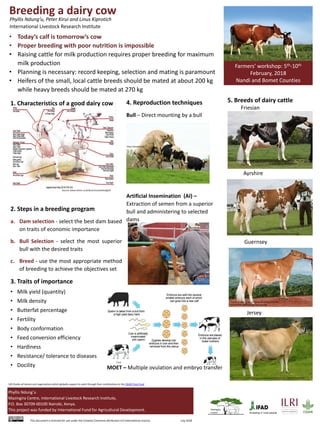 1. Characteristics of a good dairy cow
2. Steps in a breeding program
a. Dam selection - select the best dam based
on traits of economic importance
b. Bull Selection - select the most superior
bull with the desired traits
c. Breed - use the most appropriate method
of breeding to achieve the objectives set
3. Traits of importance
• Milk yield (quantity)
• Milk density
• Butterfat percentage
• Fertility
• Body conformation
• Feed conversion efficiency
• Hardiness
• Resistance/ tolerance to diseases
• Docility
Breeding a dairy cow
• Today’s calf is tomorrow’s cow
• Proper breeding with poor nutrition is impossible
• Raising cattle for milk production requires proper breeding for maximum
milk production
• Planning is necessary: record keeping, selection and mating is paramount
• Heifers of the small, local cattle breeds should be mated at about 200 kg
while heavy breeds should be mated at 270 kg
Pictures
4. Reproduction techniques
Bull – Direct mounting by a bull
Artificial Insemination (AI) –
Extraction of semen from a superior
bull and administering to selected
dams
5. Breeds of dairy cattle
Friesian
Ayrshire
Guernsey
Jersey
Source:
https://pixabay.com
Source: www.nation.co.ke/business/seedsofgold
Source: http://livestockpedia.com/wp-content/uploads/2016/05/Ayrshire1.jpg
Source: https://i2.wp.com/www.dairymoos.com/wp-
content/uploads/2016/03/Guernsey.jpg
Source: https://www.indiamart.com/proddetail/jersey-cows-14076025448.html
Source: http://www.nzhfa.org.nz/news.cfm?article_id=331&page_obj_id=107
MOET – Multiple ovulation and embryo transfer
Farmers’ workshop: 5th-10th
February, 2018
Nandi and Bomet Counties
Phyllis Ndung’u, Peter Kirui and Linus Kiprotich
International Livestock Research Institute
Phyllis Ndung’u
Mazingira Centre, International Livestock Research Institute,
P.O. Box 30709-00100 Nairobi, Kenya.
This project was funded by International Fund for Agricultural Development.
This document is licensed for use under the Creative Commons Attribution 4.0 International Licence. July 2018
ILRI thanks all donors and organizations which globally support its work through their contributions to the CGIAR Trust Fund
 