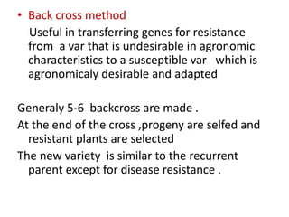 • Back cross method
Useful in transferring genes for resistance
from a var that is undesirable in agronomic
characteristics to a susceptible var which is
agronomicaly desirable and adapted
Generaly 5-6 backcross are made .
At the end of the cross ,progeny are selfed and
resistant plants are selected
The new variety is similar to the recurrent
parent except for disease resistance .
 