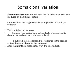 Soma clonal variation
• Somaclonal variation is the variation seen in plants that have been
produced by plant tissue culture
• Chromosomal rearrangements are an important source of this
variation.
• This is obtained in two ways
• 1. plants regenerated from cultured cells are subjected to
disease test and resistant plants are isolated
• 2. cultured cells are selected for resistance to the toxin or
culture filtrate produced by the pathogens
• After that plants are regenerated from the selected cells
 