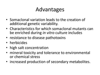 Advantages
• Somaclonal variation leads to the creation of
additional genetic variability.
• Characteristics for which somaclonal mutants can
be enriched during in vitro culture includes
• resistance to disease pathotoxins
• herbicides
• high salt concentration
• mineral toxicity and tolerance to environmental
or chemical stress
• increased production of secondary metabolites.
 