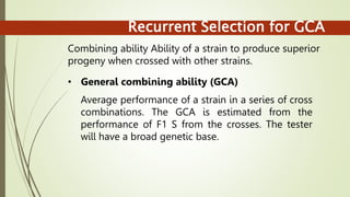 Recurrent Selection for GCA
Combining ability Ability of a strain to produce superior
progeny when crossed with other strains.
• General combining ability (GCA)
Average performance of a strain in a series of cross
combinations. The GCA is estimated from the
performance of F1 S from the crosses. The tester
will have a broad genetic base.
 