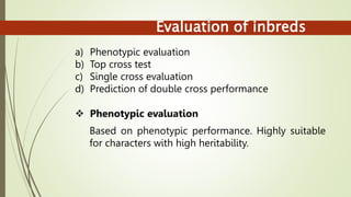 Evaluation of inbreds
a) Phenotypic evaluation
b) Top cross test
c) Single cross evaluation
d) Prediction of double cross performance
 Phenotypic evaluation
Based on phenotypic performance. Highly suitable
for characters with high heritability.
 