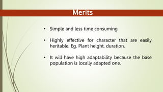 Merits
• Simple and less time consuming
• Highly effective for character that are easily
heritable. Eg. Plant height, duration.
• It will have high adaptability because the base
population is locally adapted one.
 