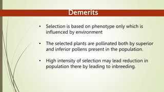 Demerits
• Selection is based on phenotype only which is
influenced by environment
• The selected plants are pollinated both by superior
and inferior pollens present in the population.
• High intensity of selection may lead reduction in
population there by leading to inbreeding.
 