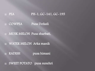 PEA PH-1, GC-141, GC-195
 COWPEA Pusa Dofasli
 MUSK MELON Pusa sharbati,
 WATER MELON Arka manik
 RADISH pusa himani
 SWEET POTATO pusa sunehri
 