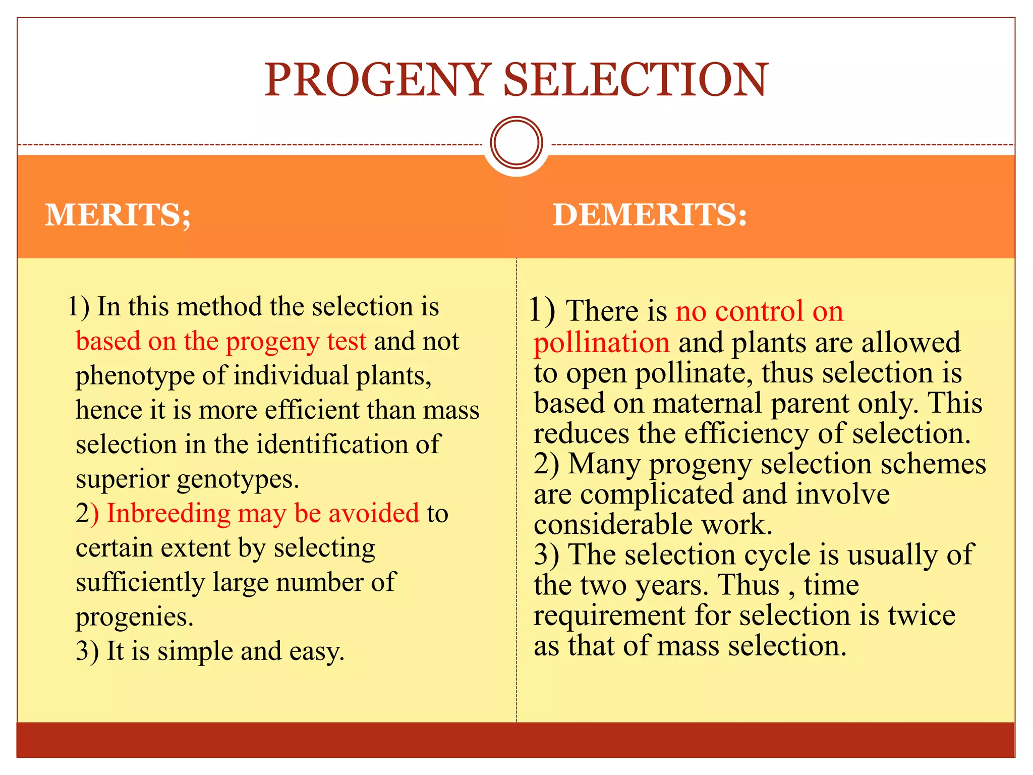 MERITS; DEMERITS:
1) In this method the selection is
based on the progeny test and not
phenotype of individual plants,
hence it is more efficient than mass
selection in the identification of
superior genotypes.
2) Inbreeding may be avoided to
certain extent by selecting
sufficiently large number of
progenies.
3) It is simple and easy.
1) There is no control on
pollination and plants are allowed
to open pollinate, thus selection is
based on maternal parent only. This
reduces the efficiency of selection.
2) Many progeny selection schemes
are complicated and involve
considerable work.
3) The selection cycle is usually of
the two years. Thus , time
requirement for selection is twice
as that of mass selection.
PROGENY SELECTION
 