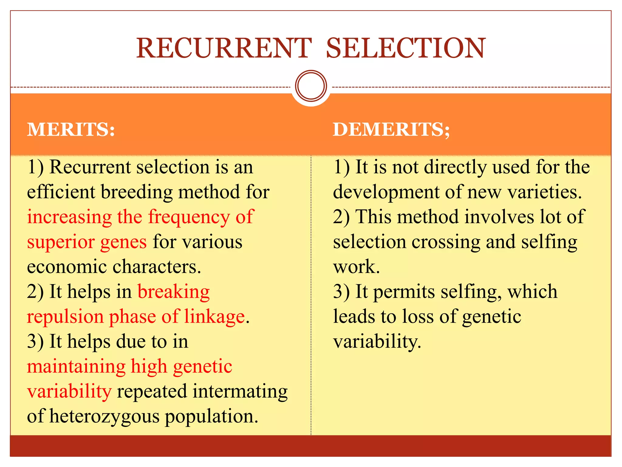 MERITS: DEMERITS;
1) Recurrent selection is an
efficient breeding method for
increasing the frequency of
superior genes for various
economic characters.
2) It helps in breaking
repulsion phase of linkage.
3) It helps due to in
maintaining high genetic
variability repeated intermating
of heterozygous population.
1) It is not directly used for the
development of new varieties.
2) This method involves lot of
selection crossing and selfing
work.
3) It permits selfing, which
leads to loss of genetic
variability.
RECURRENT SELECTION
 