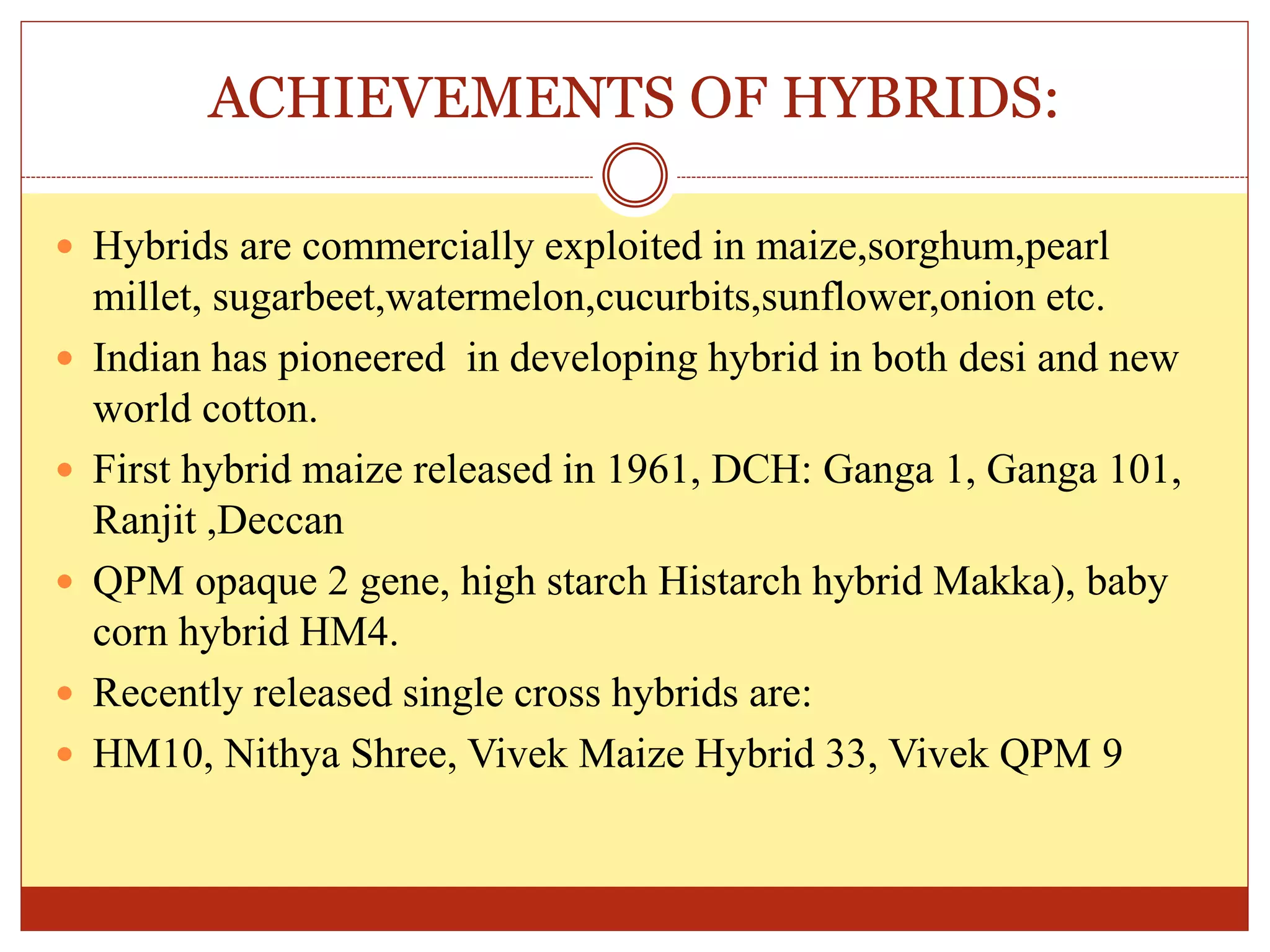 ACHIEVEMENTS OF HYBRIDS:
 Hybrids are commercially exploited in maize,sorghum,pearl
millet, sugarbeet,watermelon,cucurbits,sunflower,onion etc.
 Indian has pioneered in developing hybrid in both desi and new
world cotton.
 First hybrid maize released in 1961, DCH: Ganga 1, Ganga 101,
Ranjit ,Deccan
 QPM opaque 2 gene, high starch Histarch hybrid Makka), baby
corn hybrid HM4.
 Recently released single cross hybrids are:
 HM10, Nithya Shree, Vivek Maize Hybrid 33, Vivek QPM 9
 