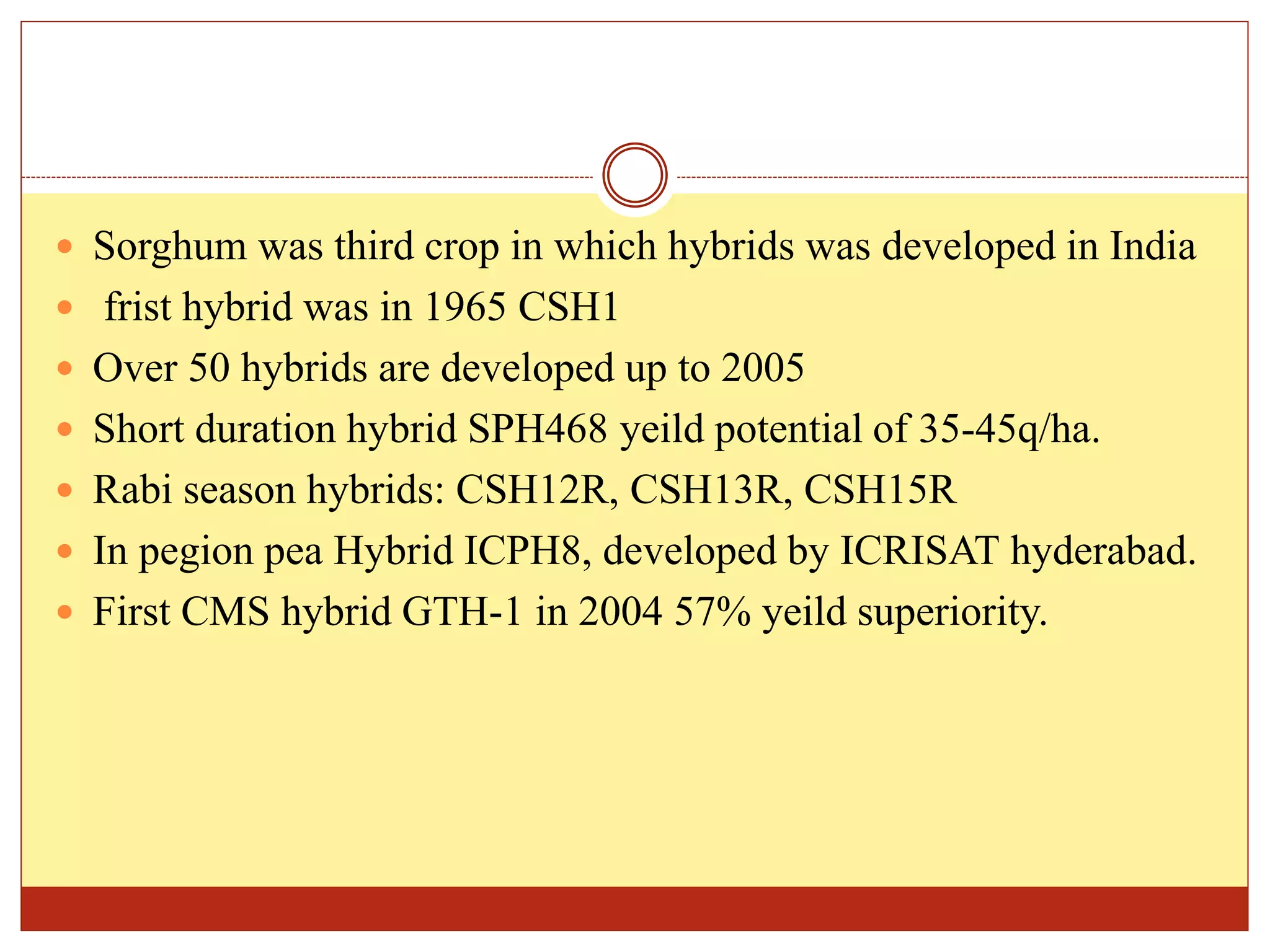  Sorghum was third crop in which hybrids was developed in India
 frist hybrid was in 1965 CSH1
 Over 50 hybrids are developed up to 2005
 Short duration hybrid SPH468 yeild potential of 35-45q/ha.
 Rabi season hybrids: CSH12R, CSH13R, CSH15R
 In pegion pea Hybrid ICPH8, developed by ICRISAT hyderabad.
 First CMS hybrid GTH-1 in 2004 57% yeild superiority.
 
