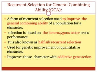 Recurrent Selection for General Combining
Ability (GCA):
 A form of recurrent selection used to improve the
general combining ability of a population for a
character.
 selection is based on the heterozygous tester cross
performance
 It is also known as half sib recurrent selection
 Used for genetic improvement of quantitative
character.
 Improves those character with addictive gene action.
 