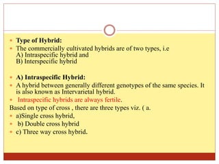  Type of Hybrid:
 The commercially cultivated hybrids are of two types, i.e
A) Intraspecific hybrid and
B) Interspecific hybrid
 A) Intraspecific Hybrid:
 A hybrid between generally different genotypes of the same species. It
is also known as Intervarietal hybrid.
 Intraspecific hybrids are always fertile.
Based on type of cross , there are three types viz. ( a.
 a)Single cross hybrid,
 b) Double cross hybrid
 c) Three way cross hybrid.
 