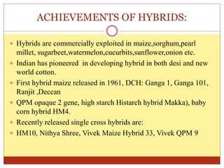 ACHIEVEMENTS OF HYBRIDS:
 Hybrids are commercially exploited in maize,sorghum,pearl
millet, sugarbeet,watermelon,cucurbits,sunflower,onion etc.
 Indian has pioneered in developing hybrid in both desi and new
world cotton.
 First hybrid maize released in 1961, DCH: Ganga 1, Ganga 101,
Ranjit ,Deccan
 QPM opaque 2 gene, high starch Histarch hybrid Makka), baby
corn hybrid HM4.
 Recently released single cross hybrids are:
 HM10, Nithya Shree, Vivek Maize Hybrid 33, Vivek QPM 9
 