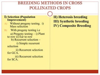 BREEDING METHODS IN CROSS
POLLINATED CROPS
I) Selection (Population
Improvement)
A) Without progeny testing. i)
Mass selection
B) With progeny testing i.e
a) Progeny testing – i) Plant
to row ii) Ear to row
b) Recurrent selection –
i) Simple recurrent
selection
ii) Recurrent selection
for GCA.
iii) Recurrent selection
for SCA.
II) Heterosis breeding
III) Synthetic breeding
IV) Composite Breeding
 