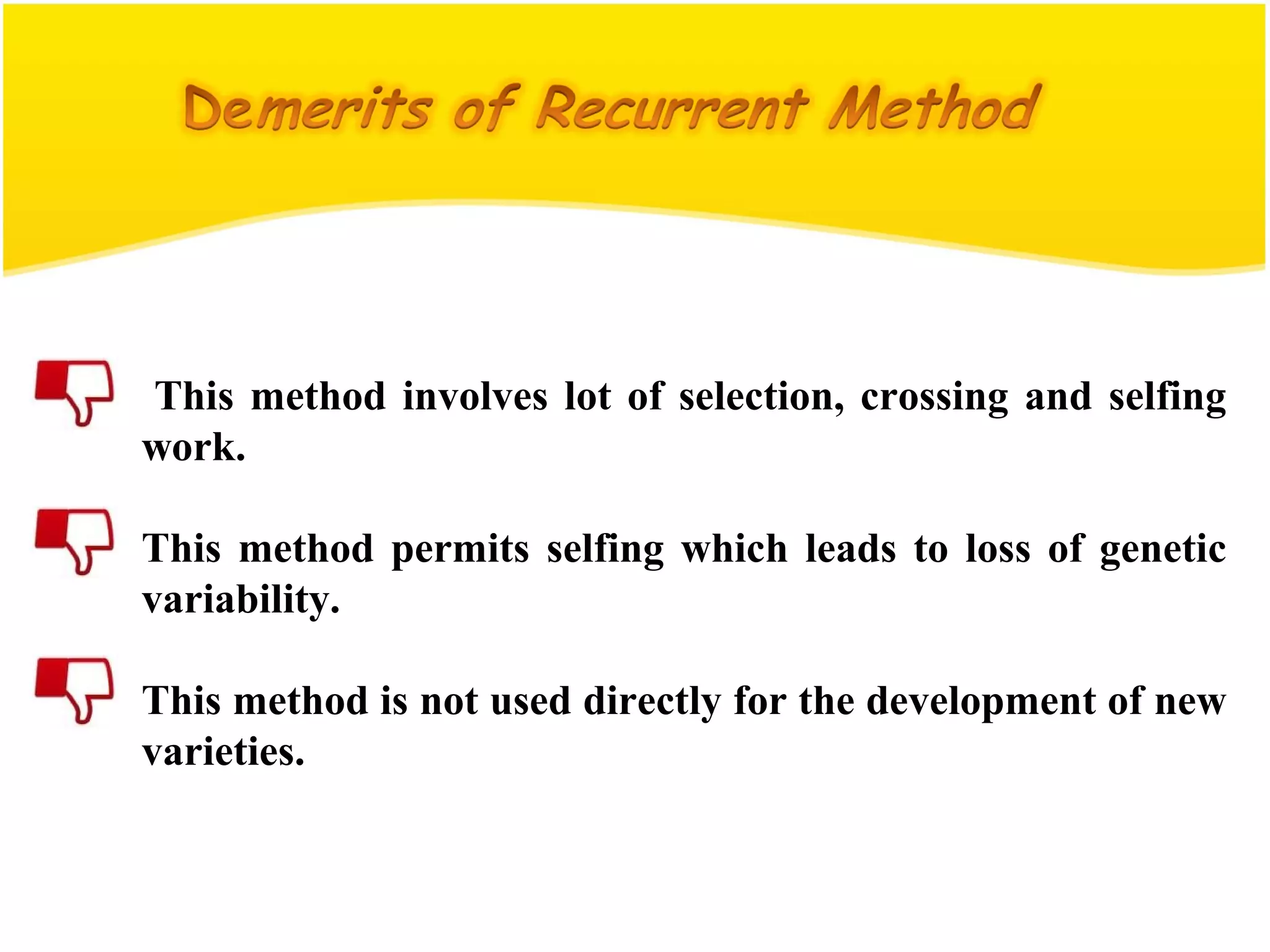 This method involves lot of selection, crossing and selfing
work.
This method permits selfing which leads to loss of genetic
variability.
This method is not used directly for the development of new
varieties.
 