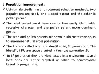 5. Population improvement :
 Using male sterile line and recurrent selection methods, two
populations are used, one is seed parent and the other is
pollen parent.
 The seed parent must have one or two easily identifiable
recessive character and the pollen parent more dominant
genes.
 The seed and pollen parents are sown in alternate rows so as
to maximize natural cross pollination.
 The F1’s and selfed ones are identified in, So generation. The
identified F1s are space planted in the next generation S1.
 In S2 generation they are yield tested in 3 environments and
best ones are either recycled or taken to conventional
breeding programme.
12
 