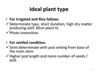 Ideal plant type
• For irrigated and Rice fallows
Determinate type, short duration, high dry matter
producing with 30cm plant ht.
Photo insensitive.
• For rainfed condition.
Semi determinate with pod setting from base of
the main stem
Higher pod length and more number of seeds /
pod.
23
 
