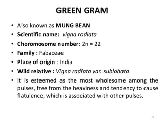 GREEN GRAM
• Also known as MUNG BEAN
• Scientific name: vigna radiata
• Choromosome number: 2n = 22
• Family : Fabaceae
• Place of origin : India
• Wild relative : Vigna radiata var. sublobata
• It is esteemed as the most wholesome among the
pulses, free from the heaviness and tendency to cause
flatulence, which is associated with other pulses.
25
 