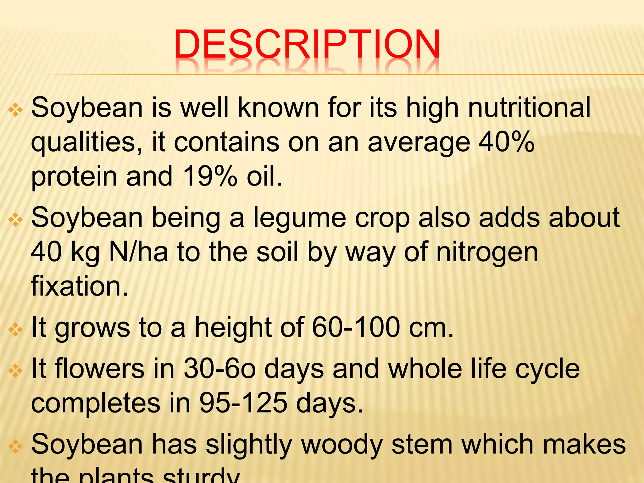 DESCRIPTION
 Soybean is well known for its high nutritional
qualities, it contains on an average 40%
protein and 19% oil.
 Soybean being a legume crop also adds about
40 kg N/ha to the soil by way of nitrogen
fixation.
 It grows to a height of 60-100 cm.
 It flowers in 30-6o days and whole life cycle
completes in 95-125 days.
 Soybean has slightly woody stem which makes
 