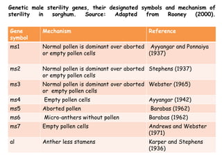 Genetic male sterility genes, their designated symbols and mechanism of
sterility in sorghum. Source: Adapted from Rooney (2000).
Gene
symbol
Mechanism Reference
ms1 Normal pollen is dominant over aborted
or empty pollen cells
Ayyangar and Ponnaiya
(1937)
ms2 Normal pollen is dominant over aborted
or empty pollen cells
Stephens (1937)
ms3 Normal pollen is dominant over aborted
or empty pollen cells
Webster (1965)
ms4 Empty pollen cells Ayyangar (1942)
ms5 Aborted pollen Barabas (1962)
ms6 Micro-anthers without pollen Barabas (1962)
ms7 Empty pollen cells Andrews and Webster
(1971)
al Anther less stamens Karper and Stephens
(1936)
 