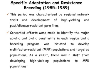 Specific Adaptation and Resistance
Breeding (1985-1989)
 This period was characterized by regional network
trials and development of high-yielding and
pest/disease-resistant pure lines.
 Concerted efforts were made to identify the major
abiotic and biotic constraints in each region and a
breeding program was initiated to develop
multifactor-resistant (MFR) populations and targeted
populations. As a result, there was a shift from
developing high-yielding populations to MFR
populations
 