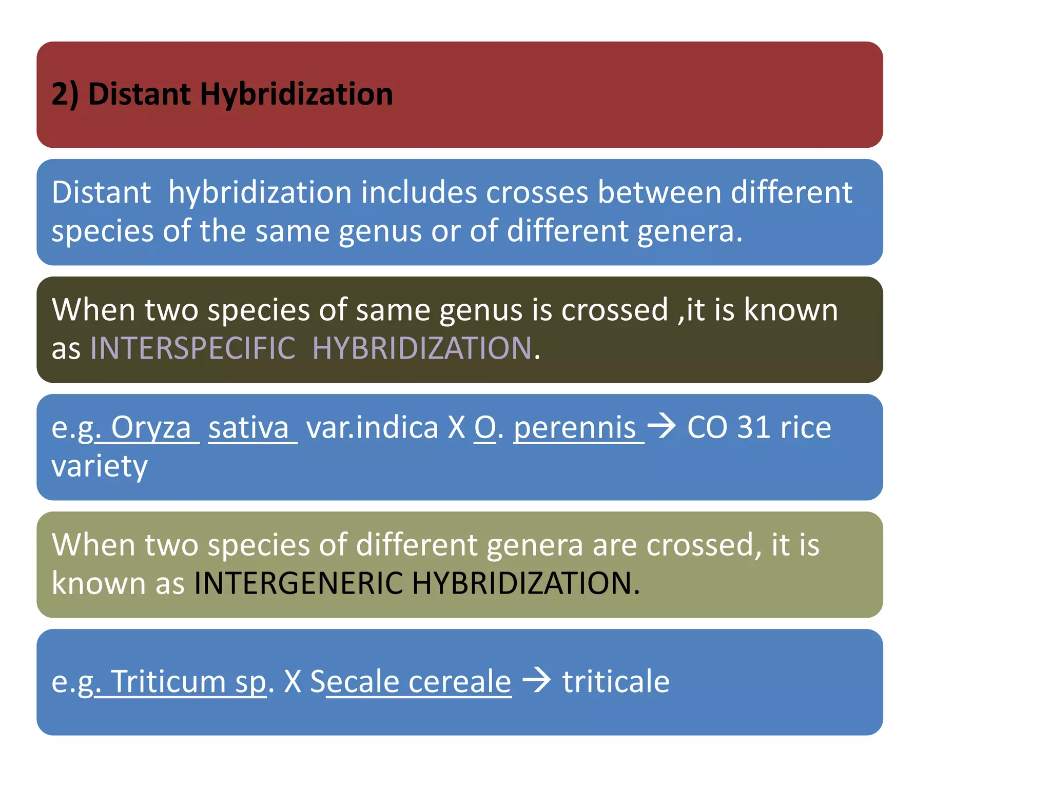 2) Distant Hybridization
Distant hybridization includes crosses between different
species of the same genus or of different genera.
When two species of same genus is crossed ,it is known
as INTERSPECIFIC HYBRIDIZATION.
e.g. Oryza sativa var.indica X O. perennis  CO 31 rice
variety
When two species of different genera are crossed, it is
known as INTERGENERIC HYBRIDIZATION.
e.g. Triticum sp. X Secale cereale  triticale
 