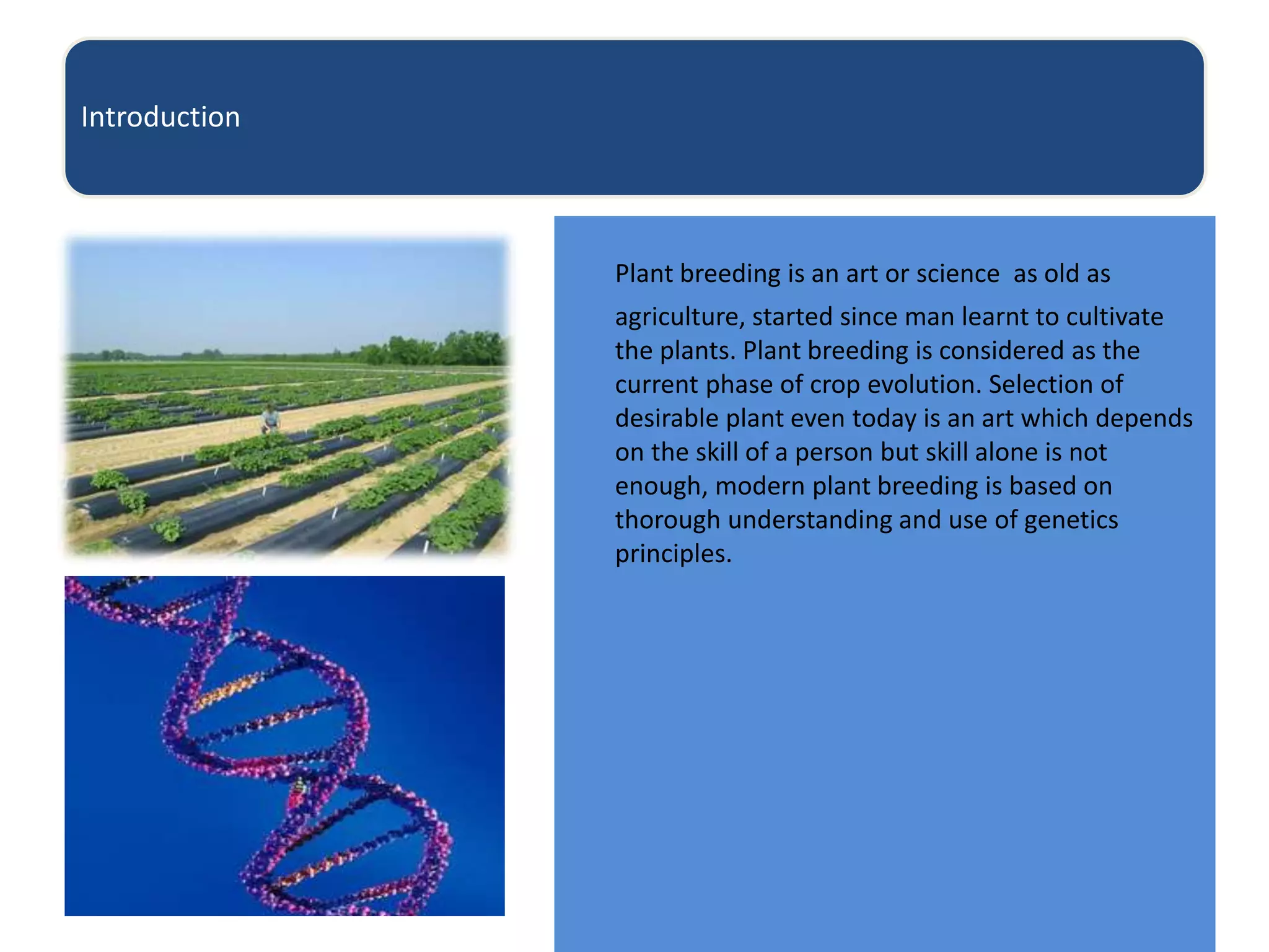 Introduction
Plant breeding is an art or science as old as
agriculture, started since man learnt to cultivate
the plants. Plant breeding is considered as the
current phase of crop evolution. Selection of
desirable plant even today is an art which depends
on the skill of a person but skill alone is not
enough, modern plant breeding is based on
thorough understanding and use of genetics
principles.
 