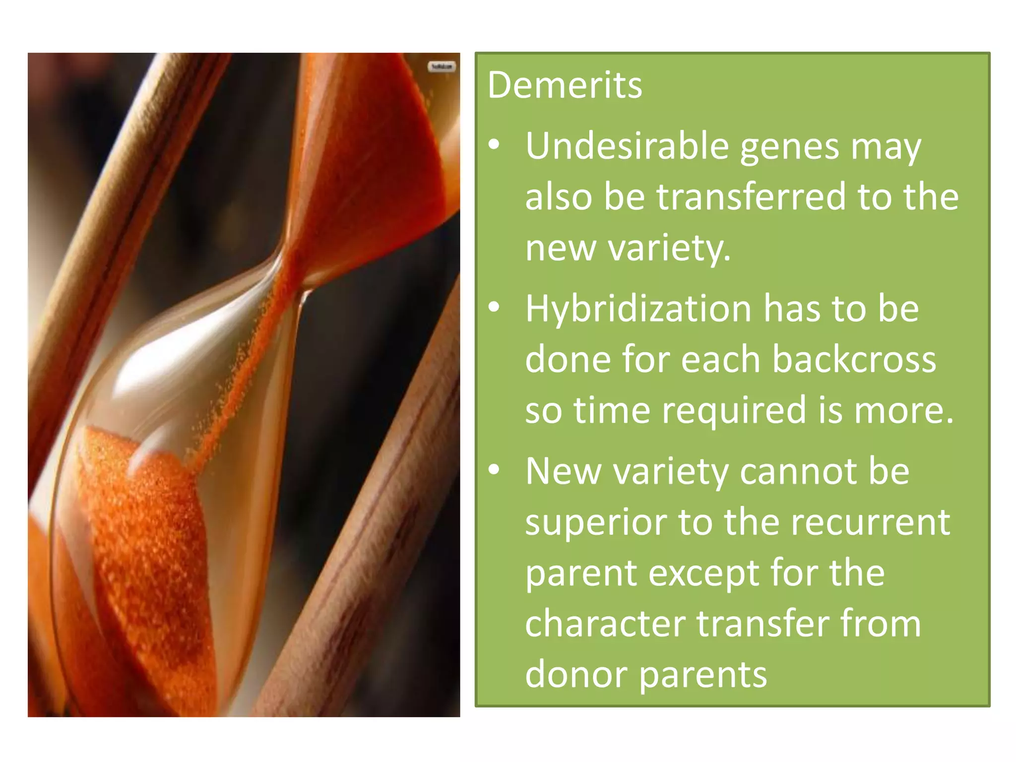 Demerits
• Undesirable genes may
also be transferred to the
new variety.
• Hybridization has to be
done for each backcross
so time required is more.
• New variety cannot be
superior to the recurrent
parent except for the
character transfer from
donor parents
 
