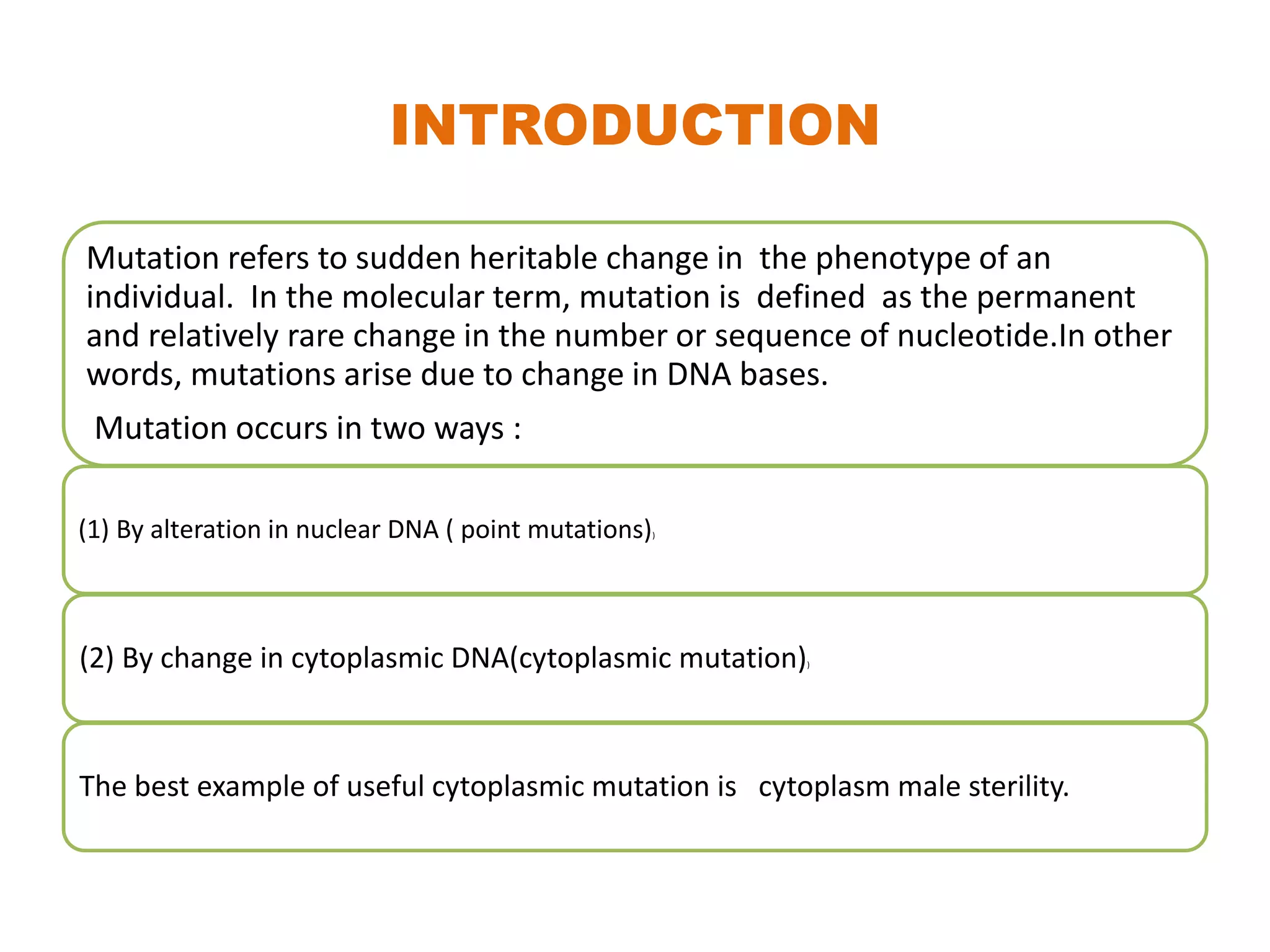 INTRODUCTION
Mutation refers to sudden heritable change in the phenotype of an
individual. In the molecular term, mutation is defined as the permanent
and relatively rare change in the number or sequence of nucleotide.In other
words, mutations arise due to change in DNA bases.
Mutation occurs in two ways :
(1) By alteration in nuclear DNA ( point mutations))
(2) By change in cytoplasmic DNA(cytoplasmic mutation))
The best example of useful cytoplasmic mutation is cytoplasm male sterility.
 