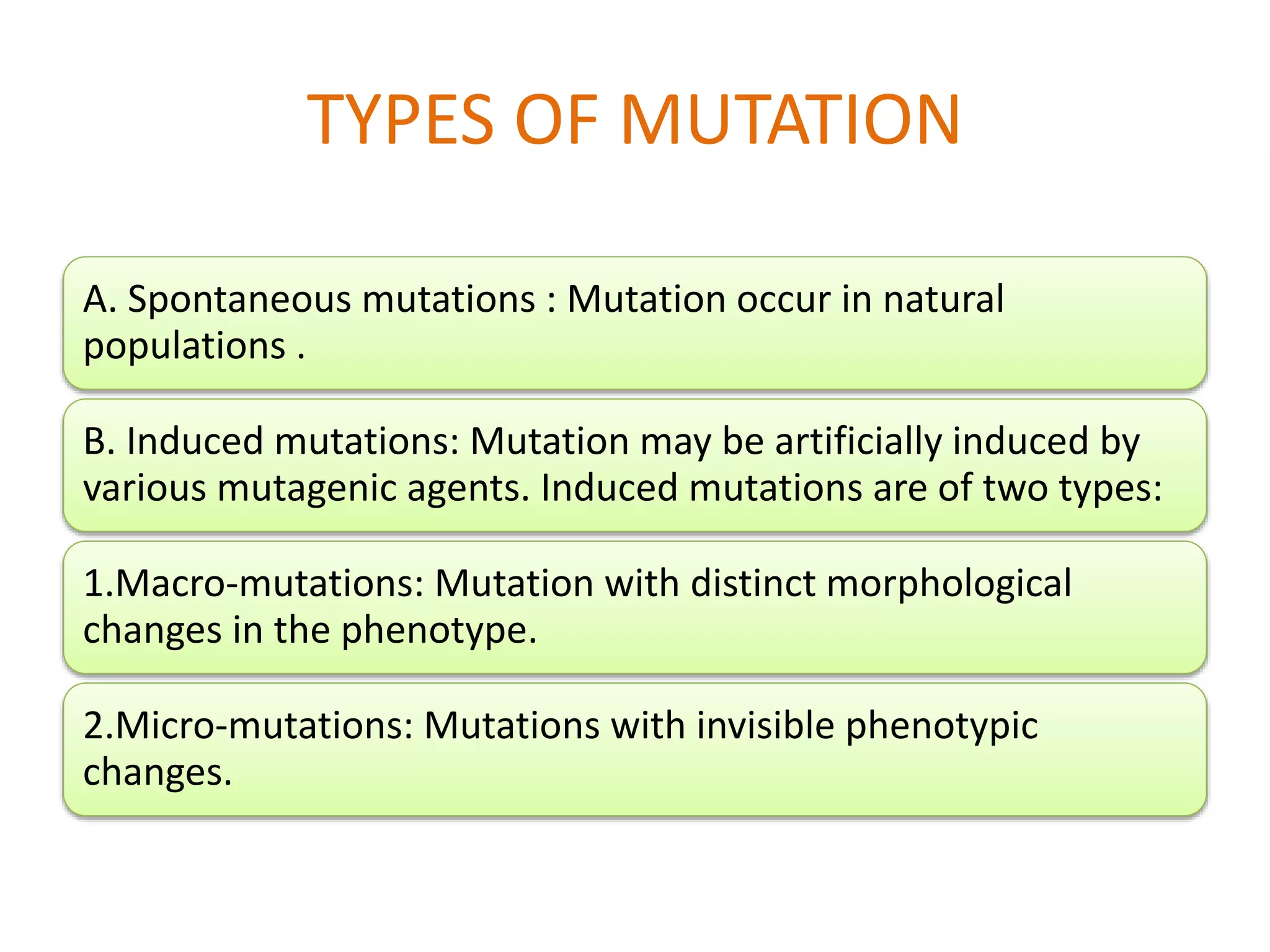TYPES OF MUTATION
A. Spontaneous mutations : Mutation occur in natural
populations .
B. Induced mutations: Mutation may be artificially induced by
various mutagenic agents. Induced mutations are of two types:
1.Macro-mutations: Mutation with distinct morphological
changes in the phenotype.
2.Micro-mutations: Mutations with invisible phenotypic
changes.
 