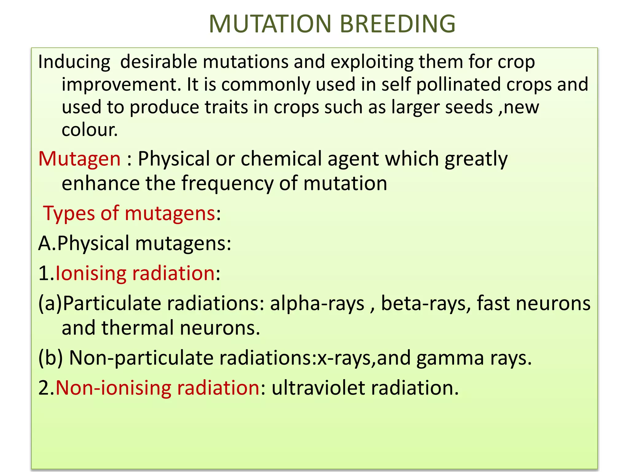 MUTATION BREEDING
Inducing desirable mutations and exploiting them for crop
improvement. It is commonly used in self pollinated crops and
used to produce traits in crops such as larger seeds ,new
colour.
Mutagen : Physical or chemical agent which greatly
enhance the frequency of mutation
Types of mutagens:
A.Physical mutagens:
1.Ionising radiation:
(a)Particulate radiations: alpha-rays , beta-rays, fast neurons
and thermal neurons.
(b) Non-particulate radiations:x-rays,and gamma rays.
2.Non-ionising radiation: ultraviolet radiation.
 