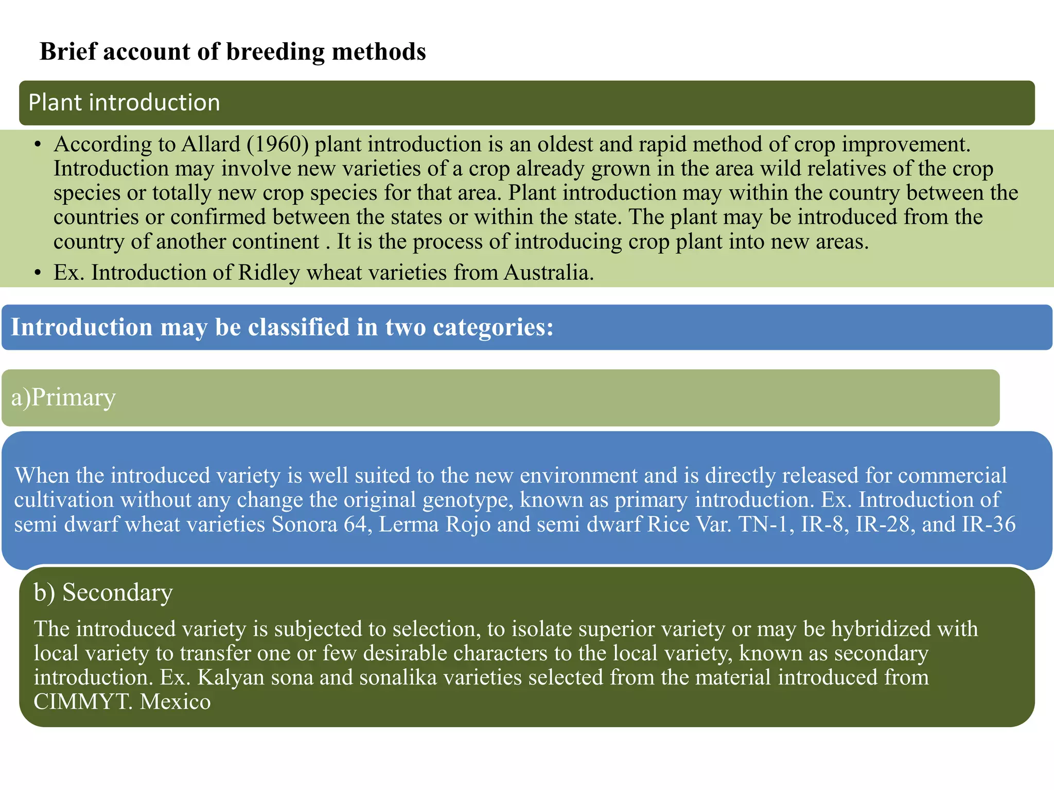Brief account of breeding methods
Plant introduction
• According to Allard (1960) plant introduction is an oldest and rapid method of crop improvement.
Introduction may involve new varieties of a crop already grown in the area wild relatives of the crop
species or totally new crop species for that area. Plant introduction may within the country between the
countries or confirmed between the states or within the state. The plant may be introduced from the
country of another continent . It is the process of introducing crop plant into new areas.
• Ex. Introduction of Ridley wheat varieties from Australia.
a)Primary
When the introduced variety is well suited to the new environment and is directly released for commercial
cultivation without any change the original genotype, known as primary introduction. Ex. Introduction of
semi dwarf wheat varieties Sonora 64, Lerma Rojo and semi dwarf Rice Var. TN-1, IR-8, IR-28, and IR-36
Introduction may be classified in two categories:
b) Secondary
The introduced variety is subjected to selection, to isolate superior variety or may be hybridized with
local variety to transfer one or few desirable characters to the local variety, known as secondary
introduction. Ex. Kalyan sona and sonalika varieties selected from the material introduced from
CIMMYT. Mexico
 