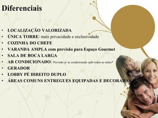 Diferenciais

•   LOCALIZAÇÃO VALORIZADA
•   ÚNICA TORRE: mais privacidade e exclusividade
•   COZINHA DO CHEFE
•   VARANDA AMPLA com previsão para Espaço Gourmet
•   SALA DE BOCA LARGA
•   AR CONDICIONADO: Previsão p/ ar condicionado split todas as suítes*
•   GERADOR
•   LOBBY PÉ DIREITO DUPLO
•   ÁREAS COMUNS ENTREGUES EQUIPADAS E DECORADAS
 