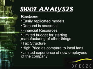 SWOT ANALYSIS
Weakness
•Easily replicated models
•Demand is seasonal
•Financial Resources
•Limited budget for starting
manufacturing of other things
•Tax Structure
•High Price as compare to local fans
•Limited experience of new employees
of the company
 