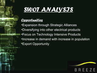 SWOT ANALYSIS
Opportunities
•Expansion through Strategic Alliances
•Diversifying into other electrical products
•Focus on Technology Intensive Products
•Increase in demand with increase in population
•Export Opportunity
 