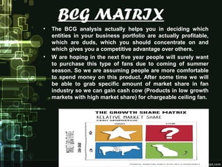 BCG MATRIX
• The BCG analysis actually helps you in deciding which
entities in your business portfolio are actually profitable,
which are duds, which you should concentrate on and
which gives you a competitive advantage over others.
• W are hoping in the next five year people will surely want
to purchase this type of fans due to coming of summer
season. So we are assuming people are more comfortable
to spend money on this product. After some time we will
be able to grab specific amount of market share in fan
industry so we can gain cash cow (Products in low growth
markets with high market share) for chargeable ceiling fan.
 