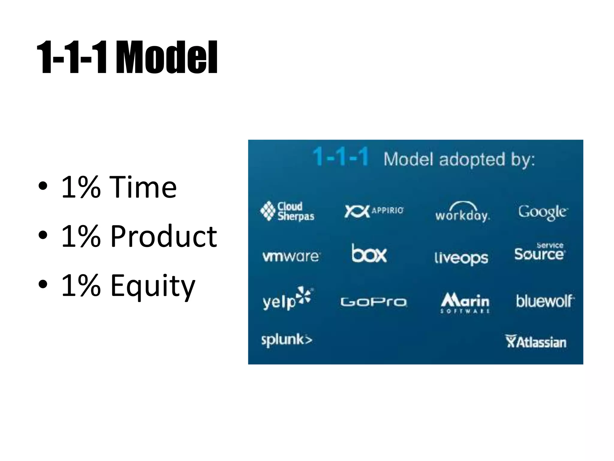 1-1-1 Model
• 1% Time
• 1% Product
• 1% Equity
 