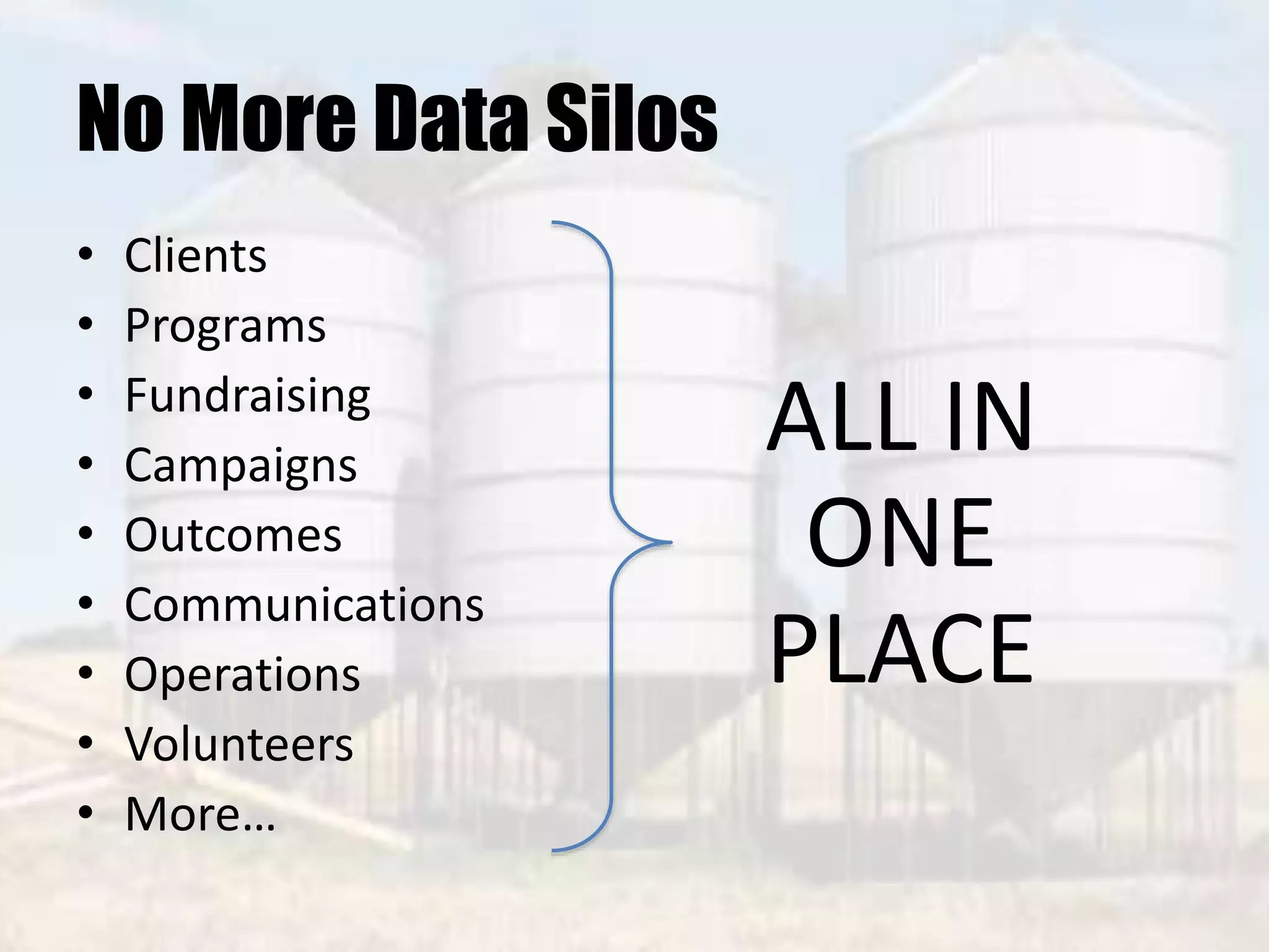 No More Data Silos
• Clients
• Programs
• Fundraising
• Campaigns
• Outcomes
• Communications
• Operations
• Volunteers
• More…
ALL IN
ONE
PLACE
 