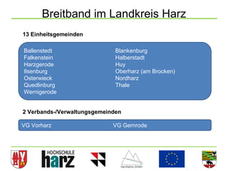 Breitband im Landkreis Harz
13 Einheitsgemeinden

Ballenstedt                   Blankenburg
Falkenstein                   Halberstadt
Harzgerode                    Huy
Ilsenburg                     Oberharz (am Brocken)
Osterwieck                    Nordharz
Quedlinburg                   Thale
Wernigerode


2 Verbands-/Verwaltungsgemeinden

VG Vorharz                   VG Gernrode




                                                      17
 