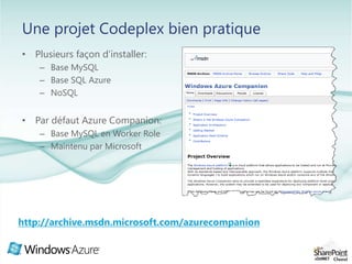 Les Blobs peuvent être répliqués vers le service Windows Azure Content Delivery Network (CDN), pour une distribution globaleBlobs, Tables, Queues et DrivesBLOBS: Structure hiérarchique simple, pour le stockage de fichiers identifiés par leur nom et chemin, ainsi que les métadonnées associées.QUEUES: File de messages selon le principe FIFO, pour la communication asynchrone entre instances.DRIVES: Disque NTFS partagé entre de multiples instances.TABLES: Structure tabulaire. Une table est un ensemble d’entités (EAV*) définies chacune par un ensemble de propriétés.* Entity-Attribute-Value