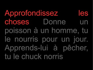 Approfondissez       les
choses      Donne     un
poisson à un homme, tu
le nourris pour un jour.
Apprends-lui à pêcher,
tu le chuck norris
 
