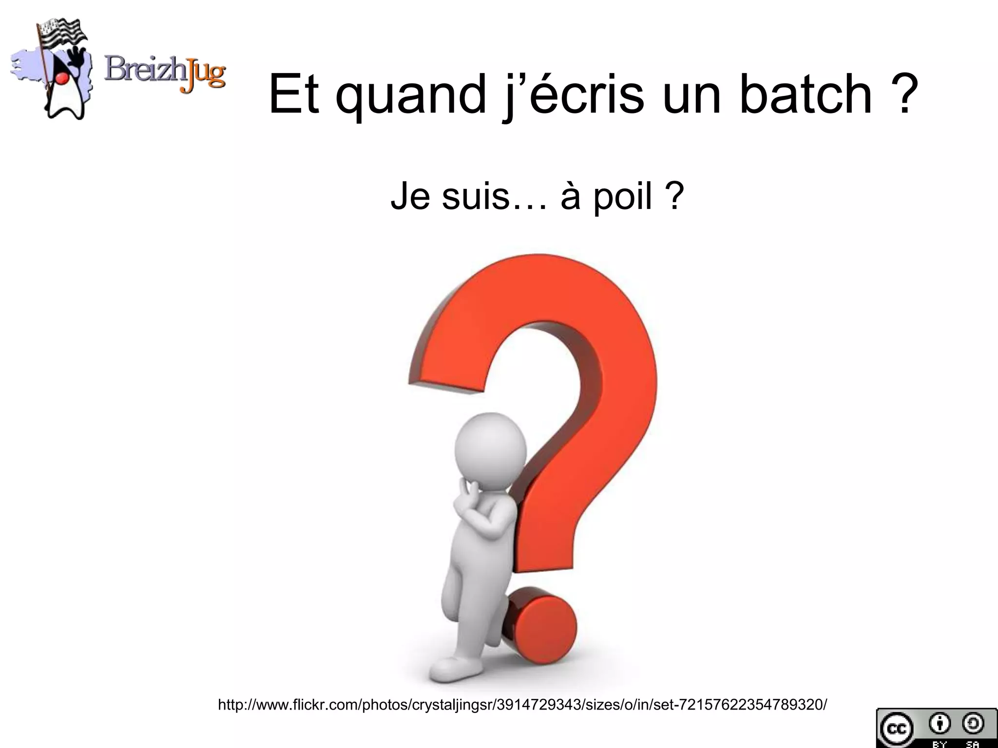 Et quand j’écris un batch ?
                                                Je suis… à poil ?




                        http://www.flickr.com/photos/crystaljingsr/3914729343/sizes/o/in/set-72157622354789320/
Copyright © BreizhJug
 