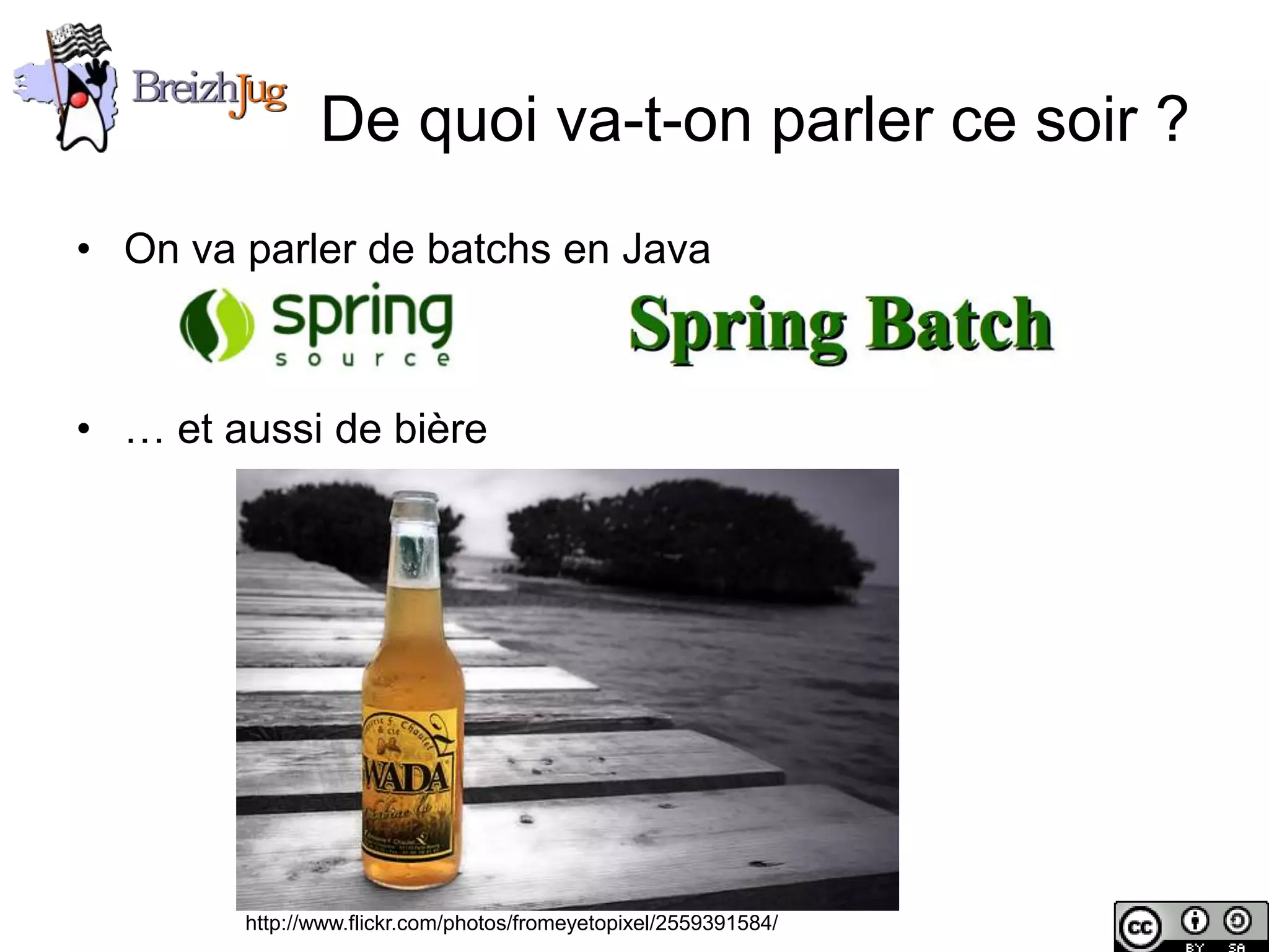 De quoi va-t-on parler ce soir ?
       • On va parler de batchs en Java



       • … et aussi de bière




Copyright © BreizhJug
                        http://www.flickr.com/photos/fromeyetopixel/2559391584/
 