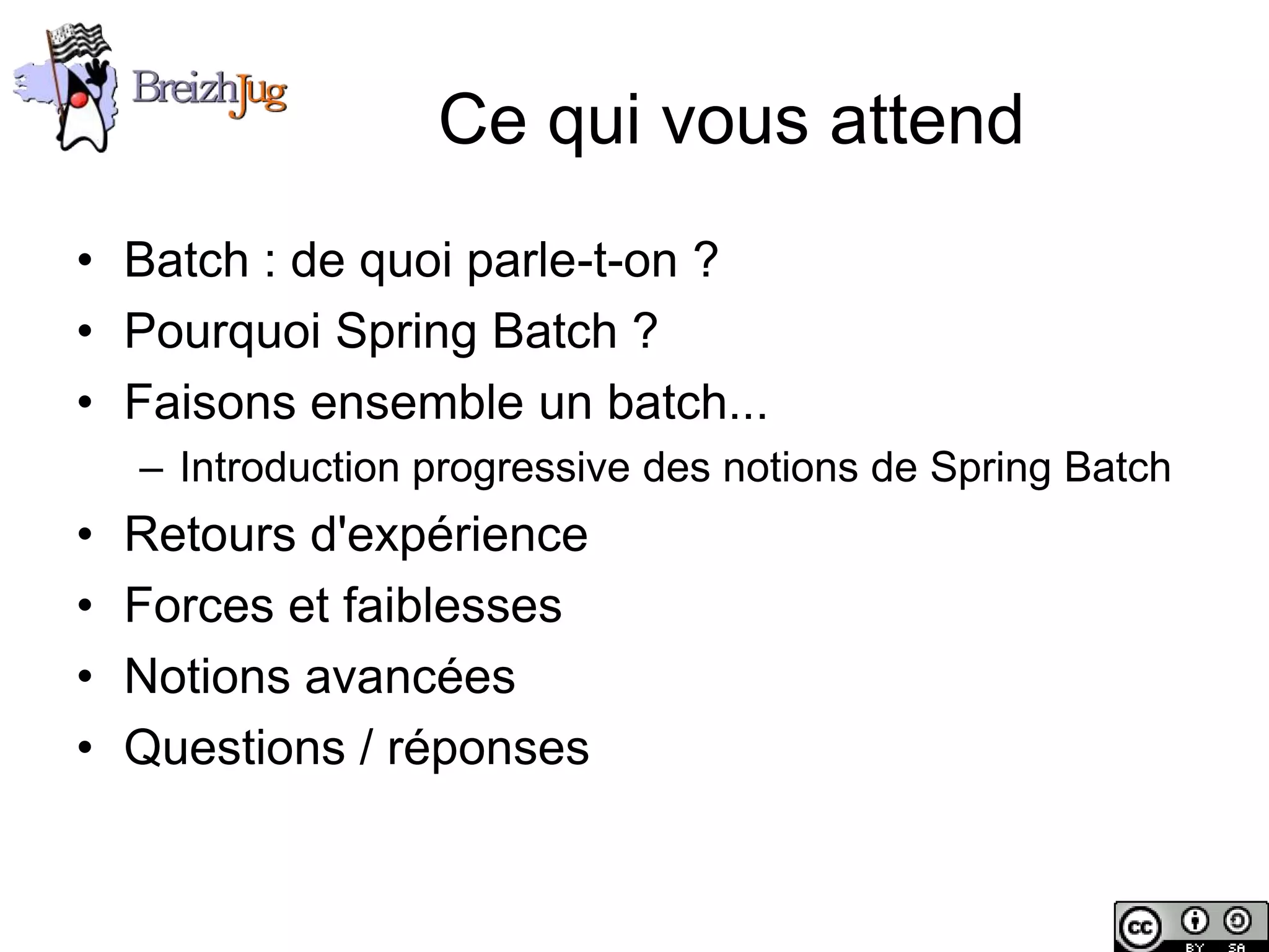 Ce qui vous attend
       • Batch : de quoi parle-t-on ?
       • Pourquoi Spring Batch ?
       • Faisons ensemble un batch...
              – Introduction progressive des notions de Spring Batch
       •    Retours d'expérience
       •    Forces et faiblesses
       •    Notions avancées
       •    Questions / réponses


Copyright © BreizhJug
 