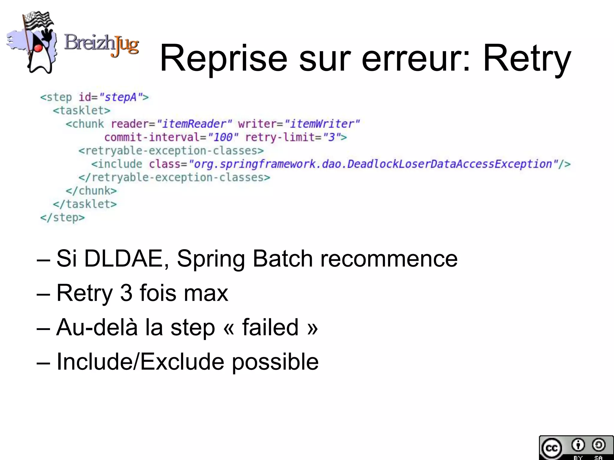 Reprise sur erreur: Retry




       – Si DLDAE, Spring Batch recommence
       – Retry 3 fois max
       – Au-delà la step « failed »
       – Include/Exclude possible


Copyright © BreizhJug
 