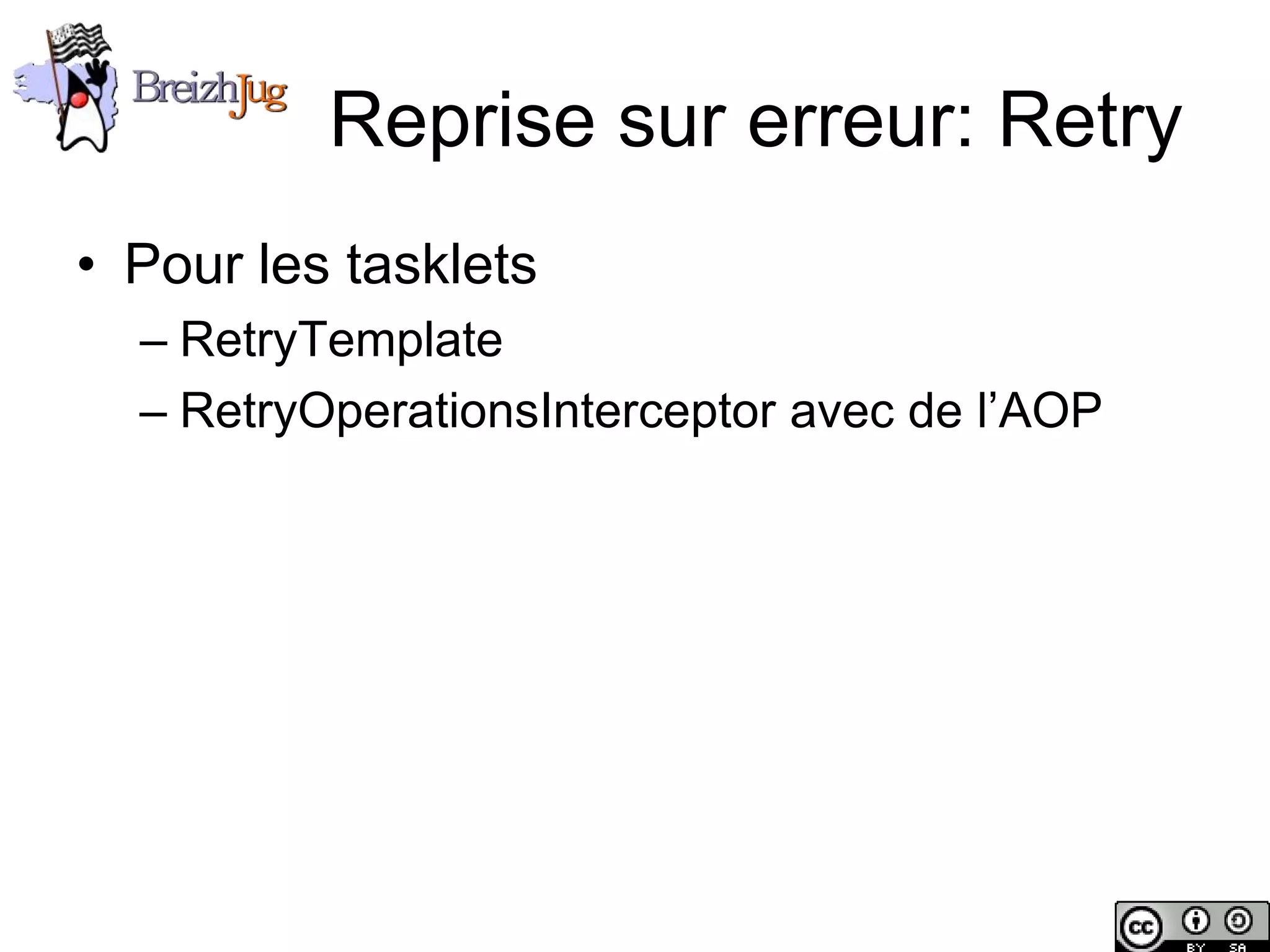 Reprise sur erreur: Retry
       • Pour les tasklets
              – RetryTemplate
              – RetryOperationsInterceptor avec de l’AOP




Copyright © BreizhJug
 