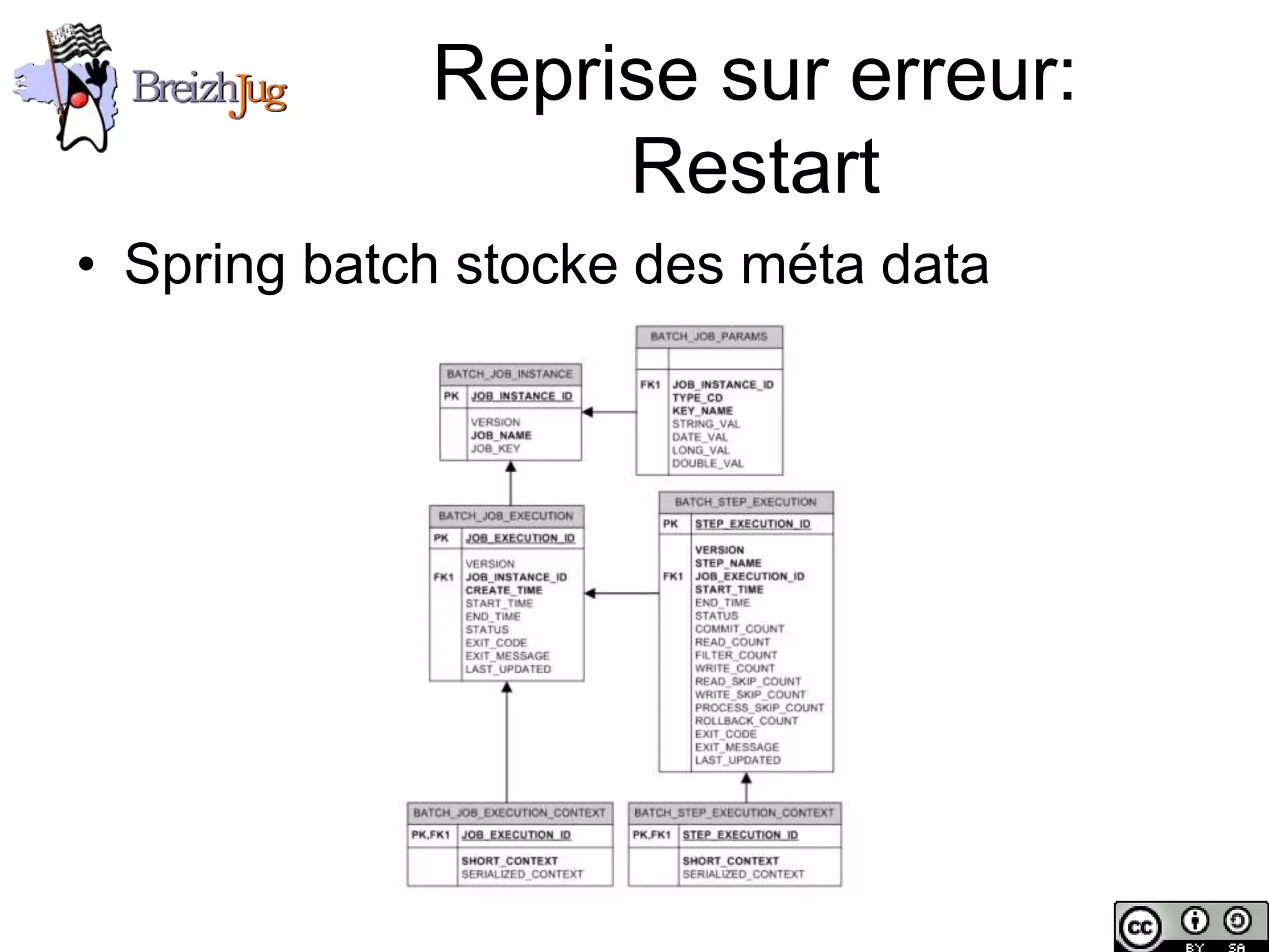 Reprise sur erreur:
                             Restart
       • Spring batch stocke des méta data




Copyright © BreizhJug
 