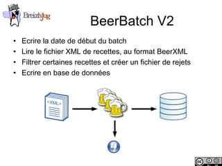 BeerBatch V2
       •    Ecrire la date de début du batch
       •    Lire le fichier XML de recettes, au format BeerXML
       •    Filtrer certaines recettes et créer un fichier de rejets
       •    Ecrire en base de données




Copyright © BreizhJug
 