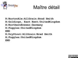 Maître détail

        R;BurtonAle;AllGrain;Brad Smith
        H;Goldings, East Kent;UnitedKingdom
        H;NorthernBrewer;Germany
        H;Fuggles;UnitedKingdom
        END
        R;DryStout;AllGrain;Brad Smith
        H;Fuggles;UnitedKingdom
        END




Copyright © BreizhJug
 